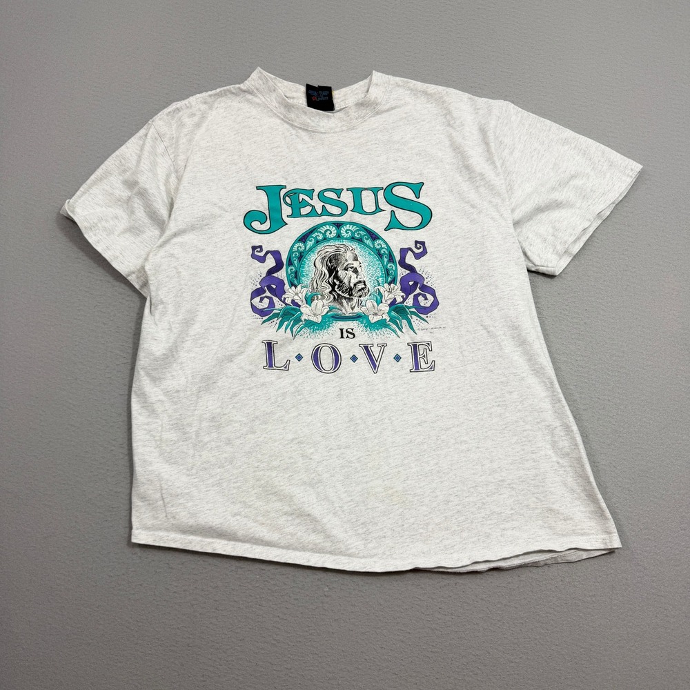 Vintage Jesus is Love Bible Verse God Religion Shirt Men's XL Gray 90s Christian